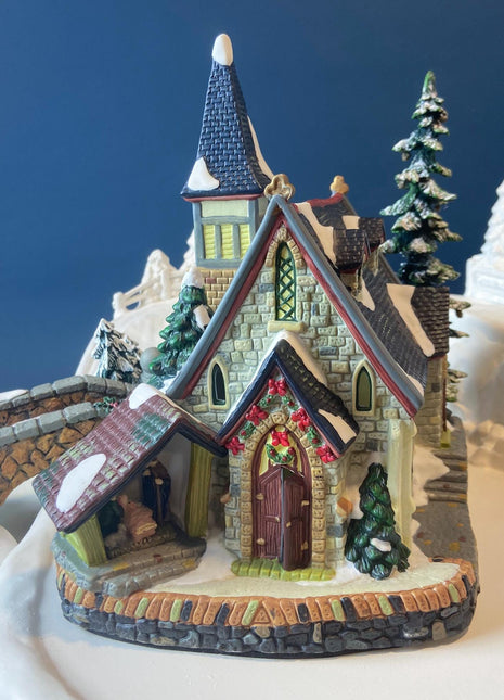 Porcelain Illuminated Christmas Village "Chapel of Light" by Santa's Workbench Collection. Interior View Series. Collectible Seasonal Decor.