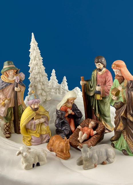 Vintage, Porcelain Nativity Set. Classic Colorful Set of Nine Statuettes. 9" Figurines. Seasonal Christmas Display. Beautifully Detailed.