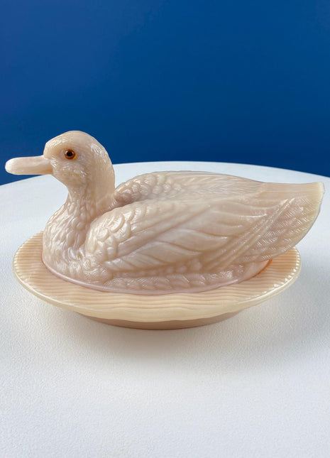 Westmoreland Peach Milk Glass Duck Dish. Serveware or Storage Bird Bowl for Candy, Trinkets, or Bathroom Accessories. Modern Farmhouse.