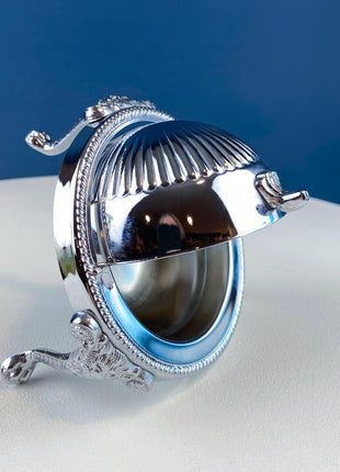 Iruinware Caviar Dome Dish Made in British Hong Kong. Silver Metal Serving Bowl. Lion Feet Dome Lid. Table Setting. Stylish Housewares.