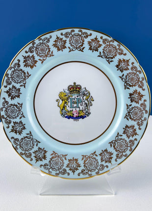 Vintage Paragon Tea Cup Saucer Dessert Plate. Commemorative Trio. Blue with Gold Motifs. Dining Room Decor. Gift for Canadian.