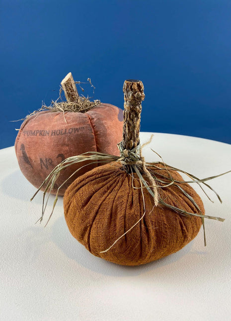 Rustic Distressed Fabric Pumpkins with Wooden Stems. Set of 2. Thanksgiving Halloween or Fall Home Retail Display. Modern Farmhouse.