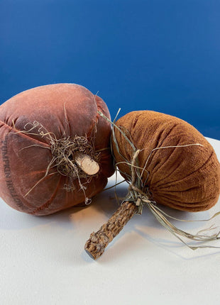Rustic Distressed Fabric Pumpkins with Wooden Stems. Set of 2. Thanksgiving Halloween or Fall Home Retail Display. Modern Farmhouse.