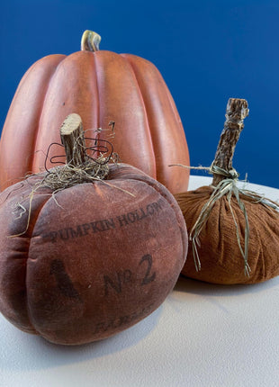 Rustic Distressed Fabric Pumpkins with Wooden Stems. Set of 2. Thanksgiving Halloween or Fall Home Retail Display. Modern Farmhouse.