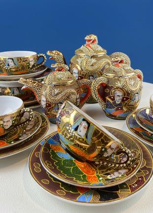 Vintage Satsuma Moriage Japanese Gold Dragon Tea Set. 4 Cups & Saucers. 3 D Dragons. Gift for Tea Connoisseur Collector. Asian Home Decor.