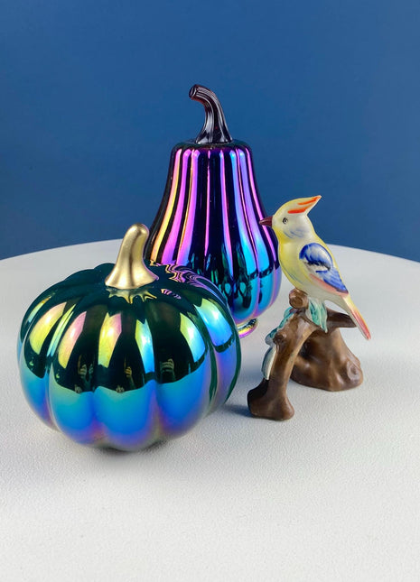 Set of 2 Iridescent Glass & Ceramic Pumpkins Gourds. Home or Retail Fall Decor. Halloween Display. Thanksgiving Table Centerpiece.