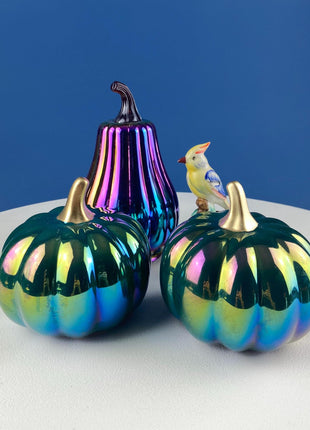 Set of 3 Iridescent Glass & Ceramic Pumpkins Gourds. Home or Retail Fall Decor. Halloween Display. Thanksgiving Table Centerpiece.
