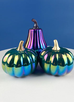 Set of 3 Iridescent Glass & Ceramic Pumpkins Gourds. Home or Retail Fall Decor. Halloween Display. Thanksgiving Table Centerpiece.