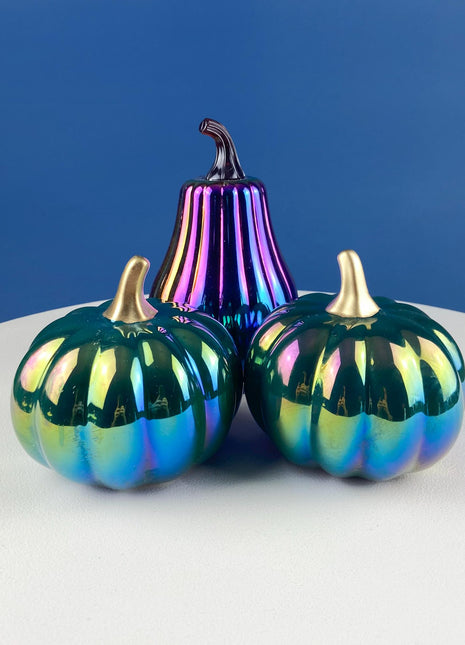 Set of 3 Iridescent Glass & Ceramic Pumpkins Gourds. Home or Retail Fall Decor. Halloween Display. Thanksgiving Table Centerpiece.