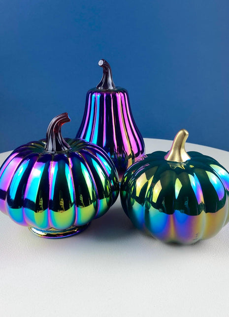 Set of 3 Iridescent Glass & Ceramic Pumpkins Gourds. Home or Retail Fall Decor. Halloween Display. Thanksgiving Table Centerpiece.