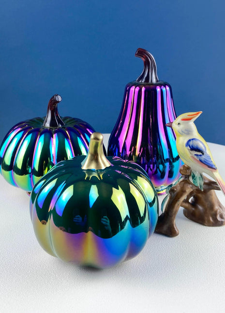 Set of 3 Iridescent Glass & Ceramic Pumpkins Gourds. Home or Retail Fall Decor. Halloween Display. Thanksgiving Table Centerpiece.