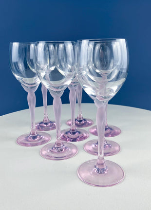 Set of 8 Wine Crystal Goblets Spring Mist Pink by Lenox. Clear with Frosted Pink Leaf Stems. Dining Room Table Decor. Garden Tea Party.