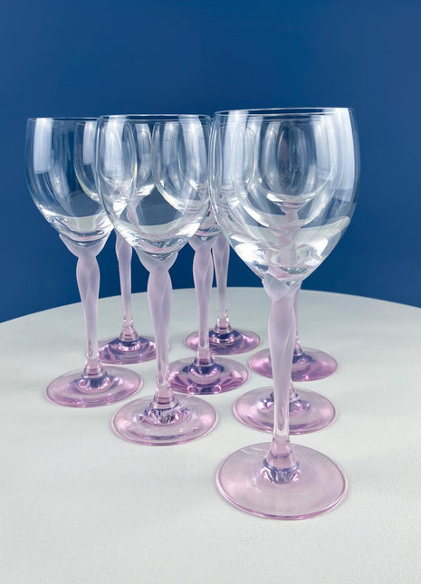 Set of 8 Wine Crystal Goblets Spring Mist Pink by Lenox. Clear with Frosted Pink Leaf Stems. Dining Room Table Decor. Garden Tea Party.