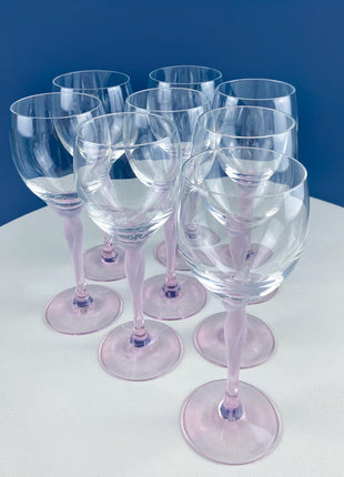 Set of 8 Wine Crystal Goblets Spring Mist Pink by Lenox. Clear with Frosted Pink Leaf Stems. Dining Room Table Decor. Garden Tea Party.