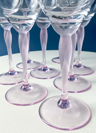 Set of 8 Wine Crystal Goblets Spring Mist Pink by Lenox. Clear with Frosted Pink Leaf Stems. Dining Room Table Decor. Garden Tea Party.