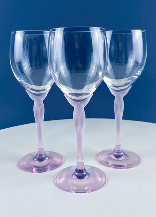 Set of 8 Wine Crystal Goblets Spring Mist Pink by Lenox. Clear with Frosted Pink Leaf Stems. Dining Room Table Decor. Garden Tea Party.