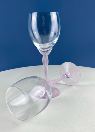 Set of 8 Wine Crystal Goblets Spring Mist Pink by Lenox. Clear with Frosted Pink Leaf Stems. Dining Room Table Decor. Garden Tea Party.