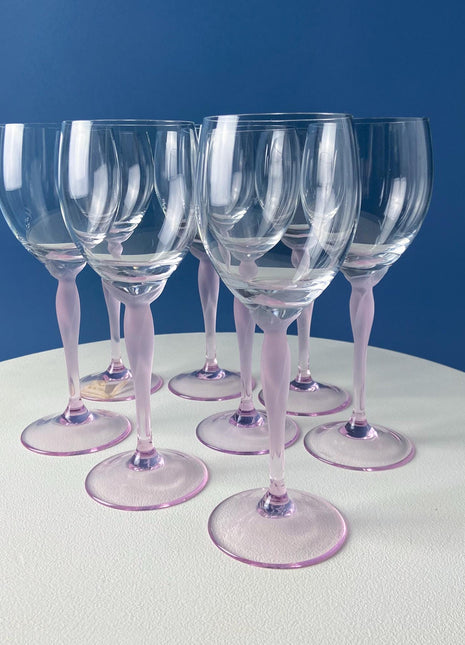 Set of 8 Wine Water Crystal Goblets. Spring Mist Pink by Lenox. Clear with Frosted Pink Leaf Stems. Dining Room Table Decor.