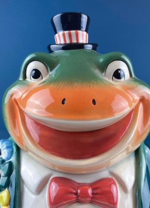 Smiling Frog Cookie Jar by Dept 56. Dapper Toad with Flowers Porcelain Storage Canister. Dining Kitchen Decor. Kids Room.