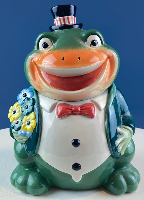 Smiling Frog Cookie Jar by Dept 56. Dapper Toad with Flowers Porcelain Storage Canister. Dining Kitchen Decor. Kids Room.