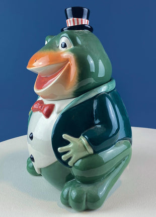 Smiling Frog Cookie Jar by Dept 56. Dapper Toad with Flowers Porcelain Storage Canister. Dining Kitchen Decor. Kids Room.