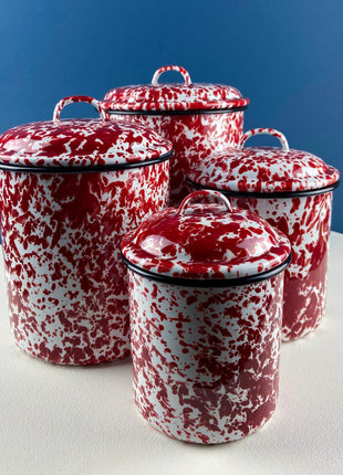 Stackable Red & White Marbled Fine Enamelware Canisters. Set of 4 Metal Storage Jars with Lids. Rustic Kitchen Decor. Modern Farmhouse.