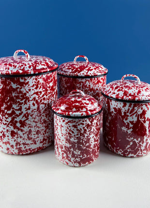 Stackable Red & White Marbled Fine Enamelware Canisters. Set of 4 Metal Storage Jars with Lids. Rustic Kitchen Decor. Modern Farmhouse.