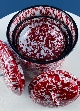 Stackable Red & White Marbled Fine Enamelware Canisters. Set of 4 Metal Storage Jars with Lids. Rustic Kitchen Decor. Modern Farmhouse.