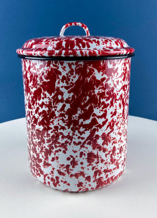 Stackable Red & White Marbled Fine Enamelware Canisters. Set of 4 Metal Storage Jars with Lids. Rustic Kitchen Decor. Modern Farmhouse.