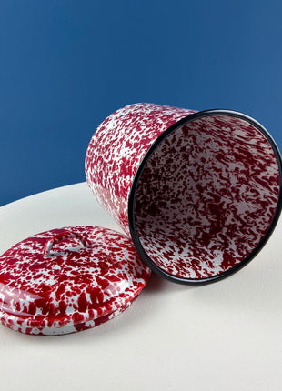 Stackable Red & White Marbled Fine Enamelware Canisters. Set of 4 Metal Storage Jars with Lids. Rustic Kitchen Decor. Modern Farmhouse.