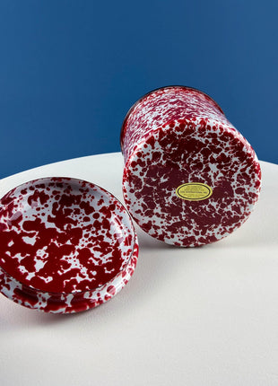 Stackable Red & White Marbled Fine Enamelware Canisters. Set of 4 Metal Storage Jars with Lids. Rustic Kitchen Decor. Modern Farmhouse.