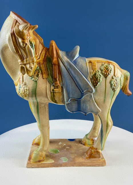 16.5" Tang Dynasty Like Ceramic War Horse. Chinese Sancai 3 Color Streaked Glaze. Collectible Animal Figurine. Gift for Him. Art Home Decor.