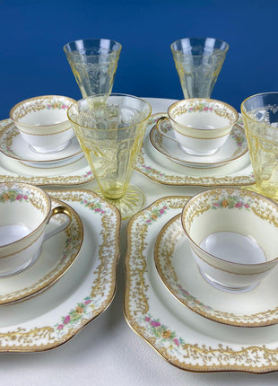Tea Coffee Serving Set by Noritake, Elvira. 4 Porcelain Cups & Saucers, 4 Square Dessert Salad Plates. Hosting Essentials. Dining Room Decor