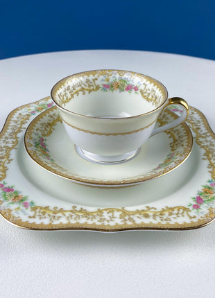 Tea Coffee Serving Set by Noritake, Elvira. 4 Porcelain Cups & Saucers, 4 Square Dessert Salad Plates. Hosting Essentials. Dining Room Decor