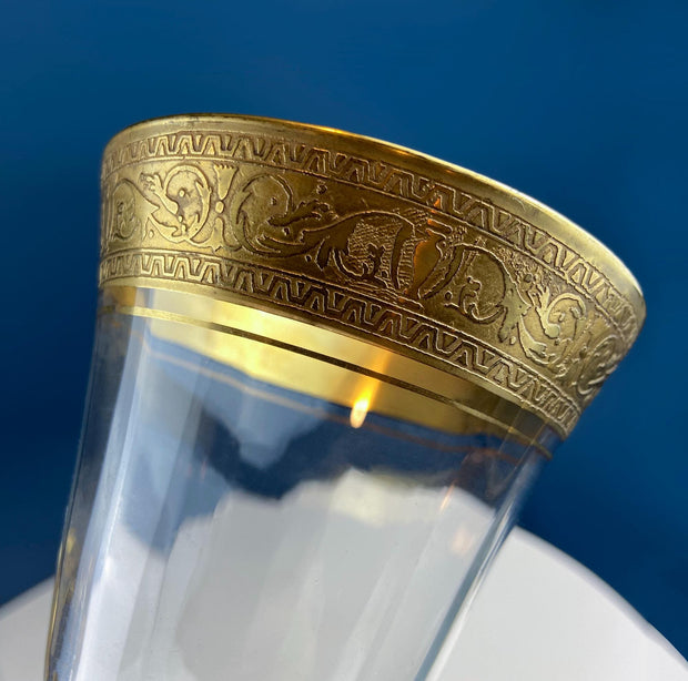 Tiffin Franciscan Wine Goblets with Embossed Gold Rims. Set of 5 Faceted Mid Century Stemware. 24K Gold. Dining Room Decor. Gift for Him Her