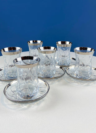 Turkish Cut Crystal Tea Cups & Saucers. Tulip Shaped with Silver Bands. Set of 6. Dining Room Decor. Wedding Registry. Gift for Him Her.