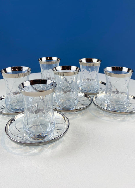 Turkish Cut Crystal Tea Cups & Saucers. Tulip Shaped with Silver Bands. Set of 6. Dining Room Decor. Wedding Registry. Gift for Him Her.