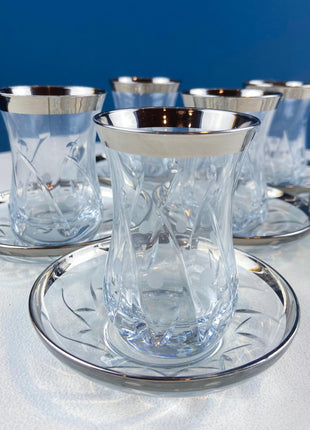 Turkish Cut Crystal Tea Cups & Saucers. Tulip Shaped with Silver Bands. Set of 6. Dining Room Decor. Wedding Registry. Gift for Him Her.