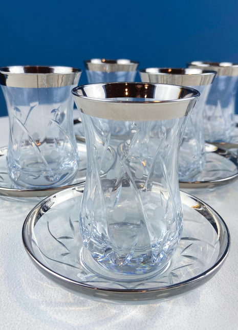 Turkish Cut Crystal Tea Cups & Saucers. Tulip Shaped with Silver Bands. Set of 6. Dining Room Decor. Wedding Registry. Gift for Him Her.