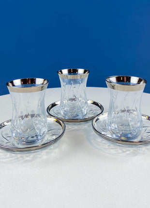 Turkish Cut Crystal Tea Cups & Saucers. Tulip Shaped with Silver Bands. Set of 6. Dining Room Decor. Wedding Registry. Gift for Him Her.