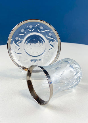 Turkish Cut Crystal Tea Cups & Saucers. Tulip Shaped with Silver Bands. Set of 6. Dining Room Decor. Wedding Registry. Gift for Him Her.