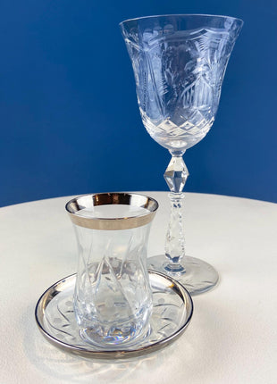 Turkish Cut Crystal Tea Cups & Saucers. Tulip Shaped with Silver Bands. Set of 6. Dining Room Decor. Wedding Registry. Gift for Him Her.