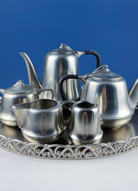Vintage 6 Piece Pewter Coffee & Tea Serving Set with Filigree Tray. Metawa, Holland. Mid Century Modern Early Art Deco. Rattan Bamboo Handle