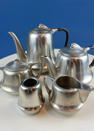 Vintage 6 Piece Pewter Coffee & Tea Serving Set with Filigree Tray. Metawa, Holland. Mid Century Modern Early Art Deco. Rattan Bamboo Handle