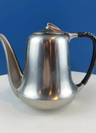 Vintage 6 Piece Pewter Coffee & Tea Serving Set with Filigree Tray. Metawa, Holland. Mid Century Modern Early Art Deco. Rattan Bamboo Handle