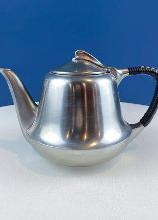 Vintage 6 Piece Pewter Coffee & Tea Serving Set with Filigree Tray. Metawa, Holland. Mid Century Modern Early Art Deco. Rattan Bamboo Handle