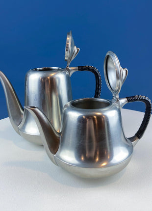 Vintage 6 Piece Pewter Coffee & Tea Serving Set with Filigree Tray. Metawa, Holland. Mid Century Modern Early Art Deco. Rattan Bamboo Handle