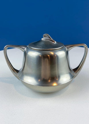 Vintage 6 Piece Pewter Coffee & Tea Serving Set with Filigree Tray. Metawa, Holland. Mid Century Modern Early Art Deco. Rattan Bamboo Handle