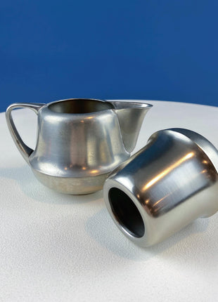 Vintage 6 Piece Pewter Coffee & Tea Serving Set with Filigree Tray. Metawa, Holland. Mid Century Modern Early Art Deco. Rattan Bamboo Handle