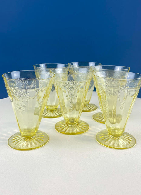 Vintage Anchor Hocking Yellow Depression Glass Ice Tea Water Glasswear. Cameo Ballerina Set of 6. Dining Room Table Decor. Gift for Him Her